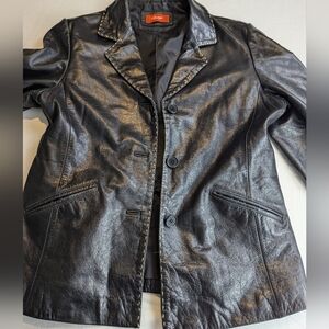 CO-OP Black Leather Blazer Jacket with White Stitching on Collar & Front Large